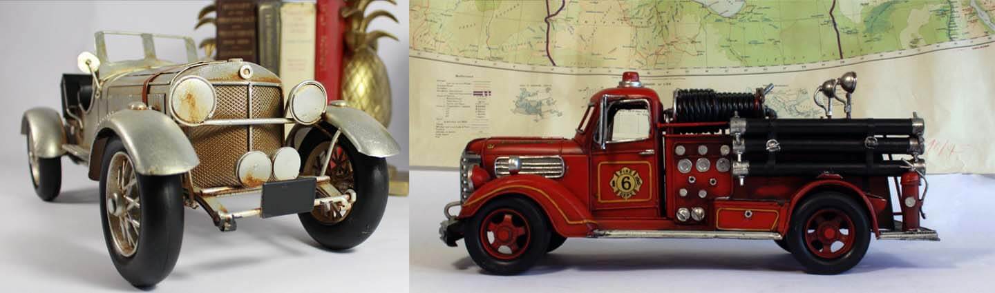 Classic vintage model cars, vintage automobiles, retro vehicles, tin metal model vehicles