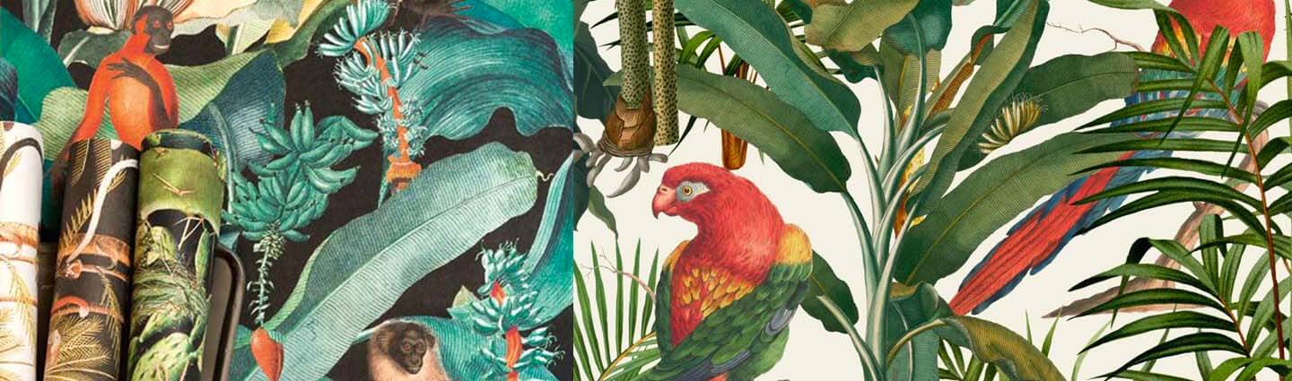tropical-inspired home decor, wallpapers, fabrics, lamps, lights, accessories, statues, ornaments