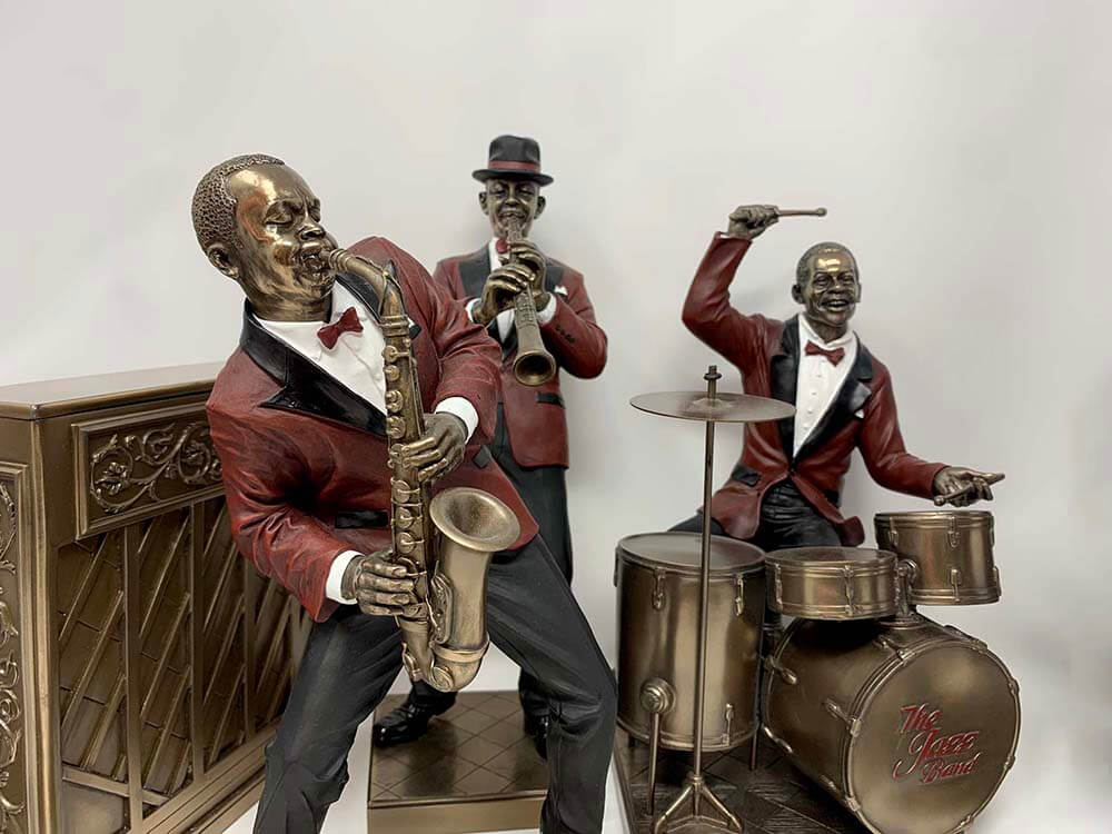 Vintage jazz musician bronze figurine, Alto Sax player, drummer, Clariant player