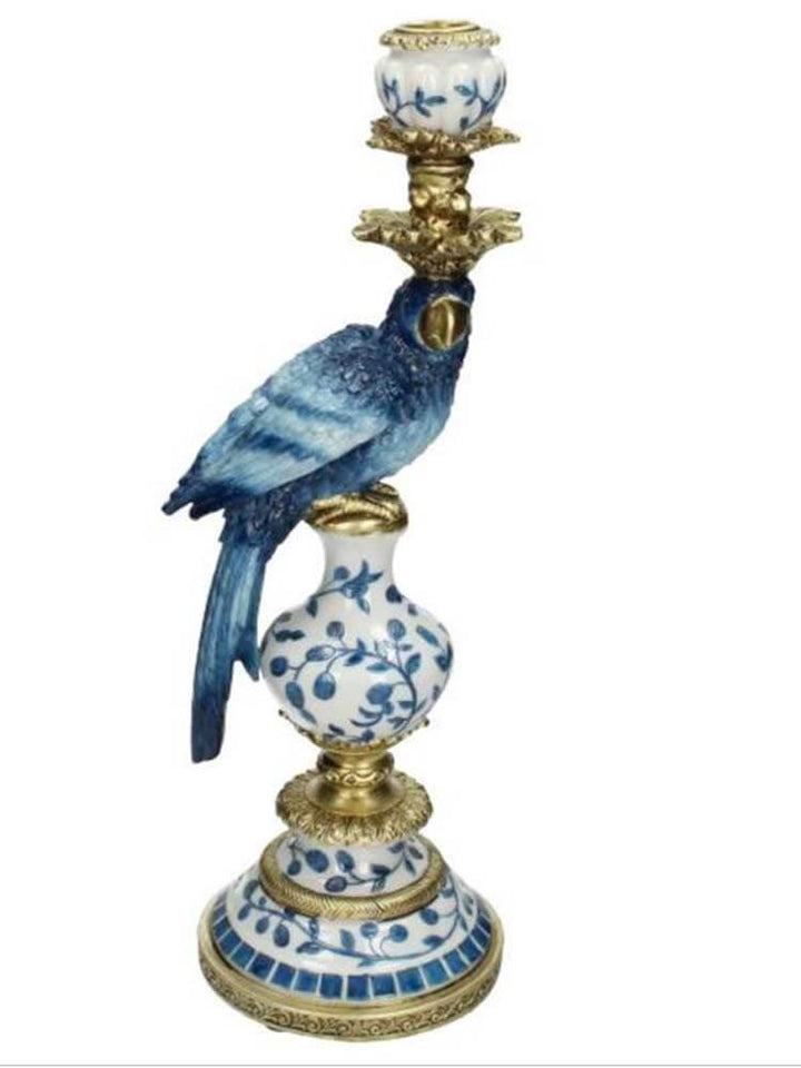 Blue Ceramic candle sticks, blue & white Bird candleholder small
