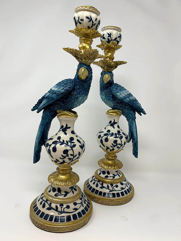 blue white parrot candle holder, blue-parrot-candle-holder-pair