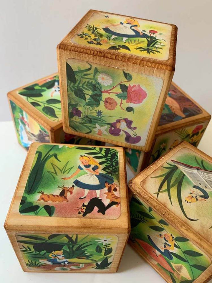 wooden block set, Alice, Mad Hatter, Cheshire Cat