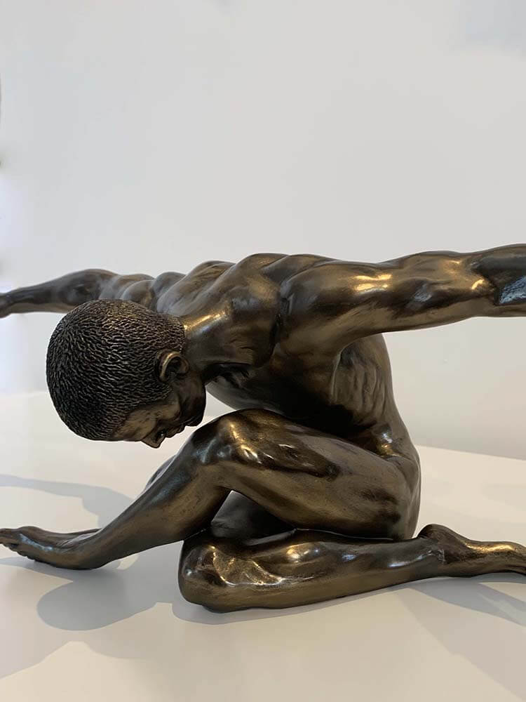 male nude, arm stretching man figure, bronze plated male nude figure