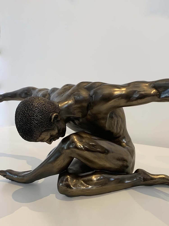 male nude, arm stretching man figure, bronze plated male nude figure