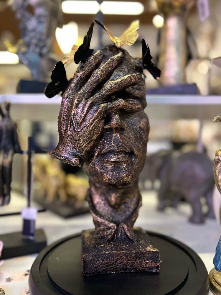 Sculpted butterfly face, gold and black butterfly glass dome décor