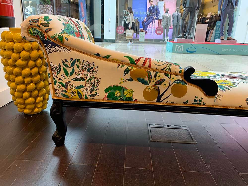 Schumacher Citrus Garden Lemon Fabric Sofa, French Chase, Designer Chase