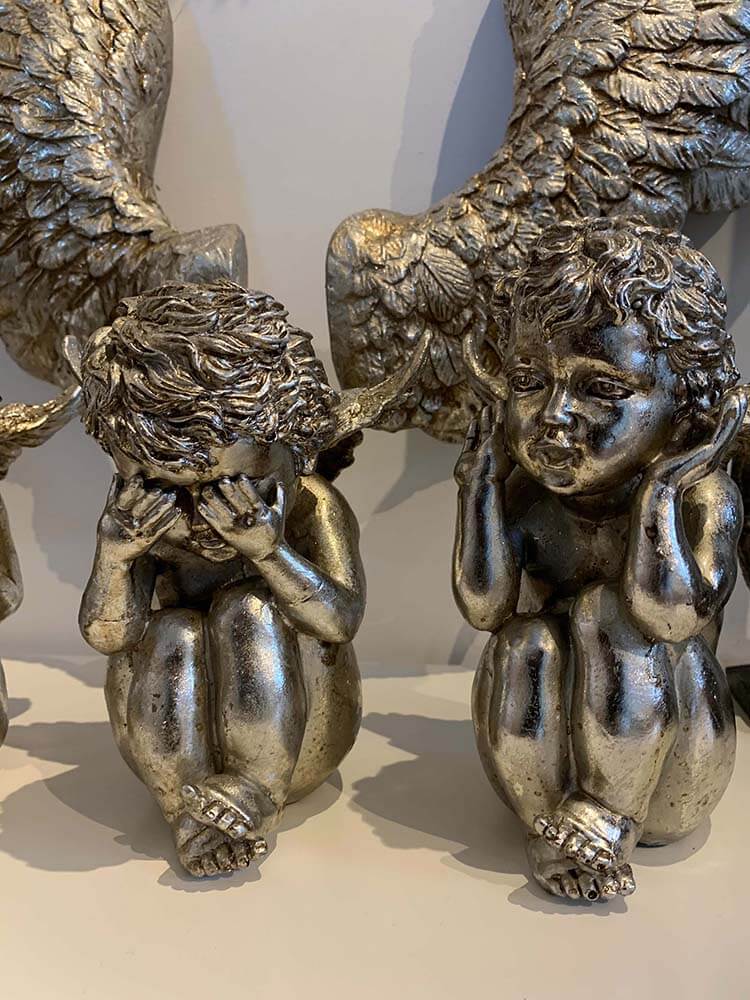 silver cherubs, Metallic silver plated sitting angels,  Wise cherubs set of 3