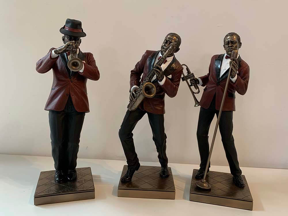Vintage jazz musician bronze figurine, Alto Sax player, drummer, Clariant player , saxophone