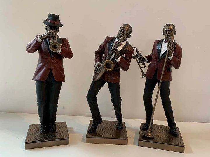 Vintage jazz musician bronze figurine, Alto Sax player, drummer, Clariant player , saxophone