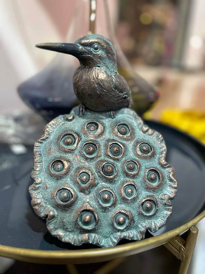 Kingfisher sculpture, Kingfisher on a Lotus Leaf Statue, Kingfisher on Lotus Flower. Japanese art Kingfisher and lotus