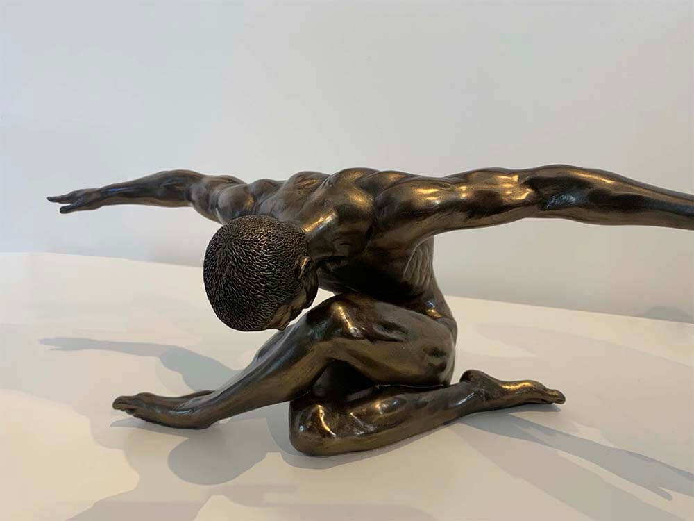Bronze statues, Large male nude, arm stretching man figure, bronze plated male nude figure