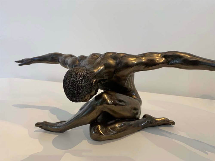 Bronze statues, Large male nude, arm stretching man figure, bronze plated male nude figure