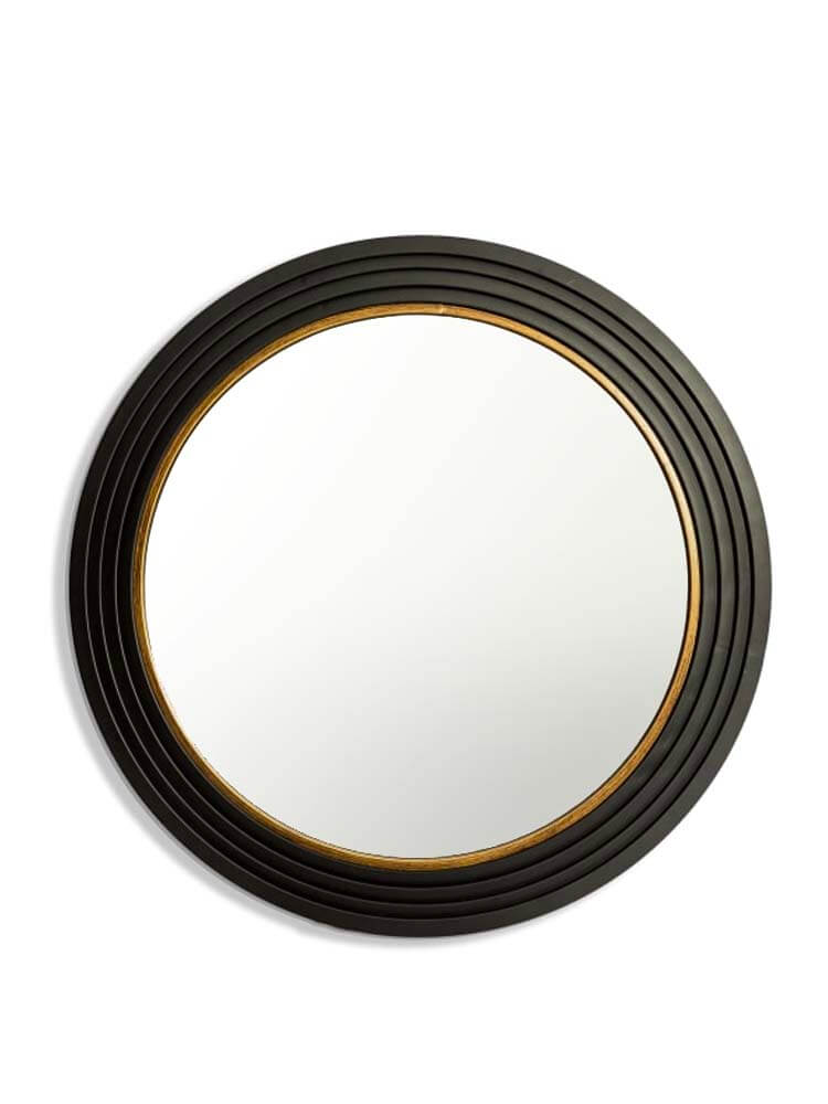 Round mirror with a black and gold frame, This large 92cm round wall mirror