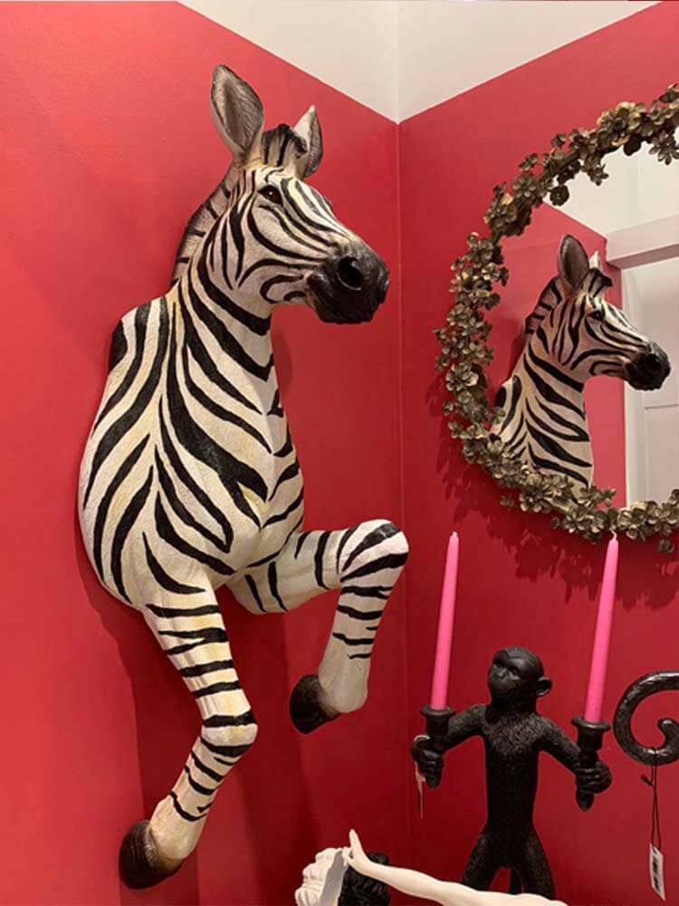 Life size zebra decor, black and white zebra, large zebra resin ,  Masai Red Zebra Safari Scalamandre
