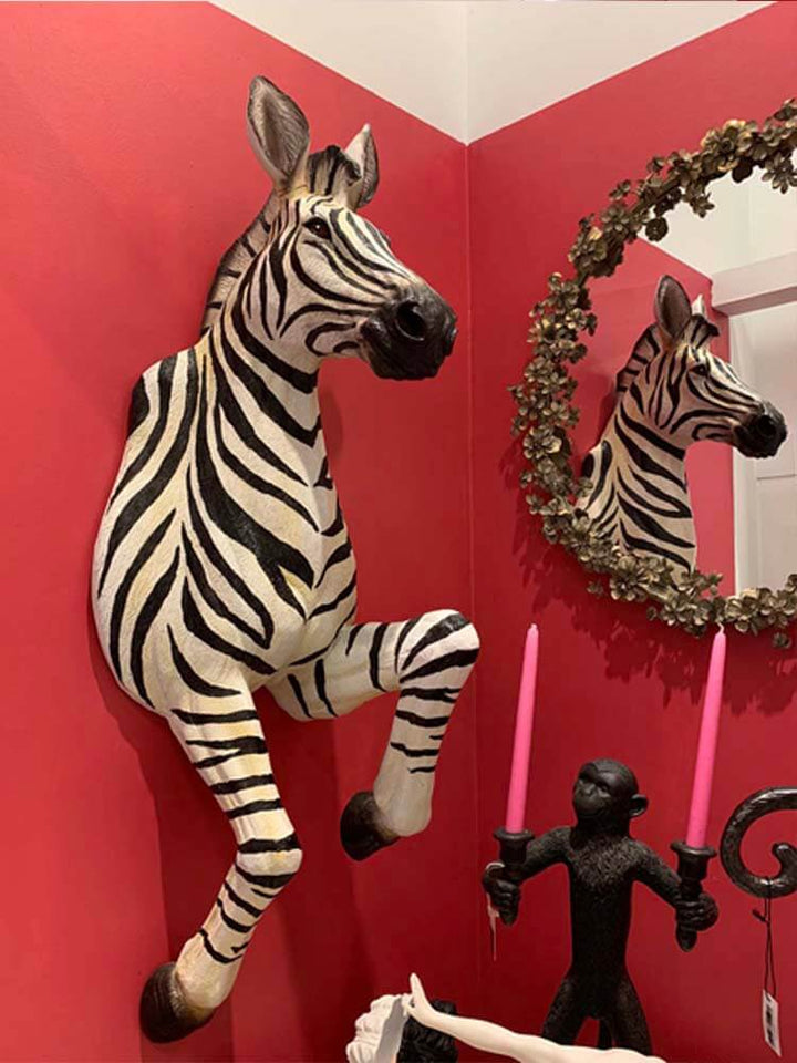 Life size zebra decor, black and white zebra, large zebra resin ,  Masai Red Zebra Safari Scalamandre