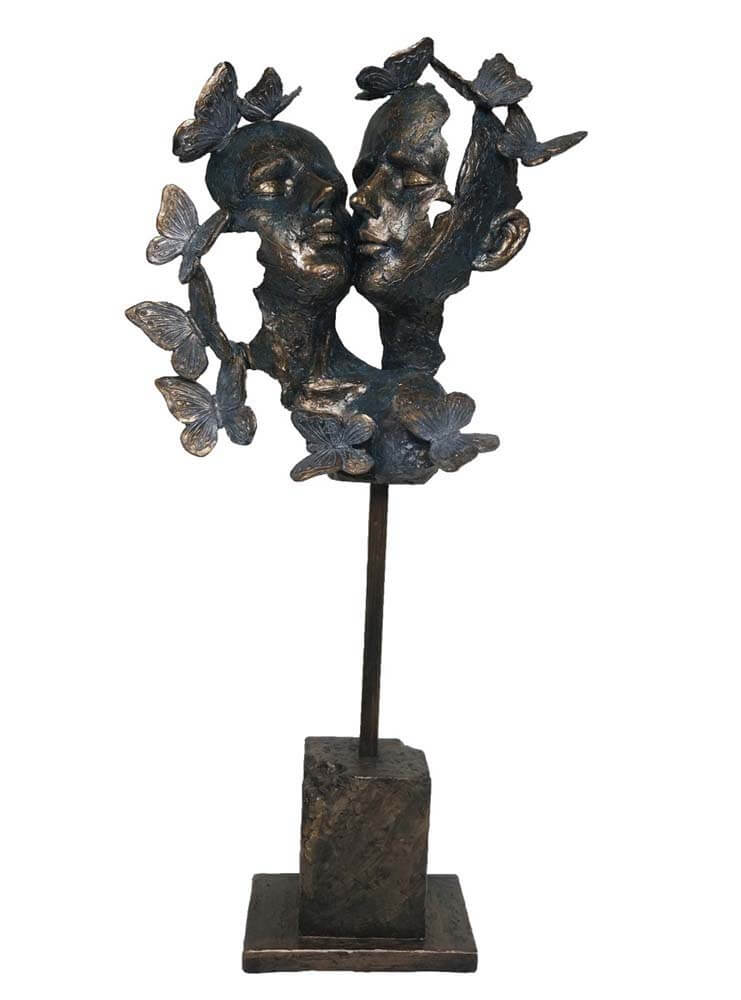Lovers, Male and Female Faces With Butterflies on a Base Sculpture