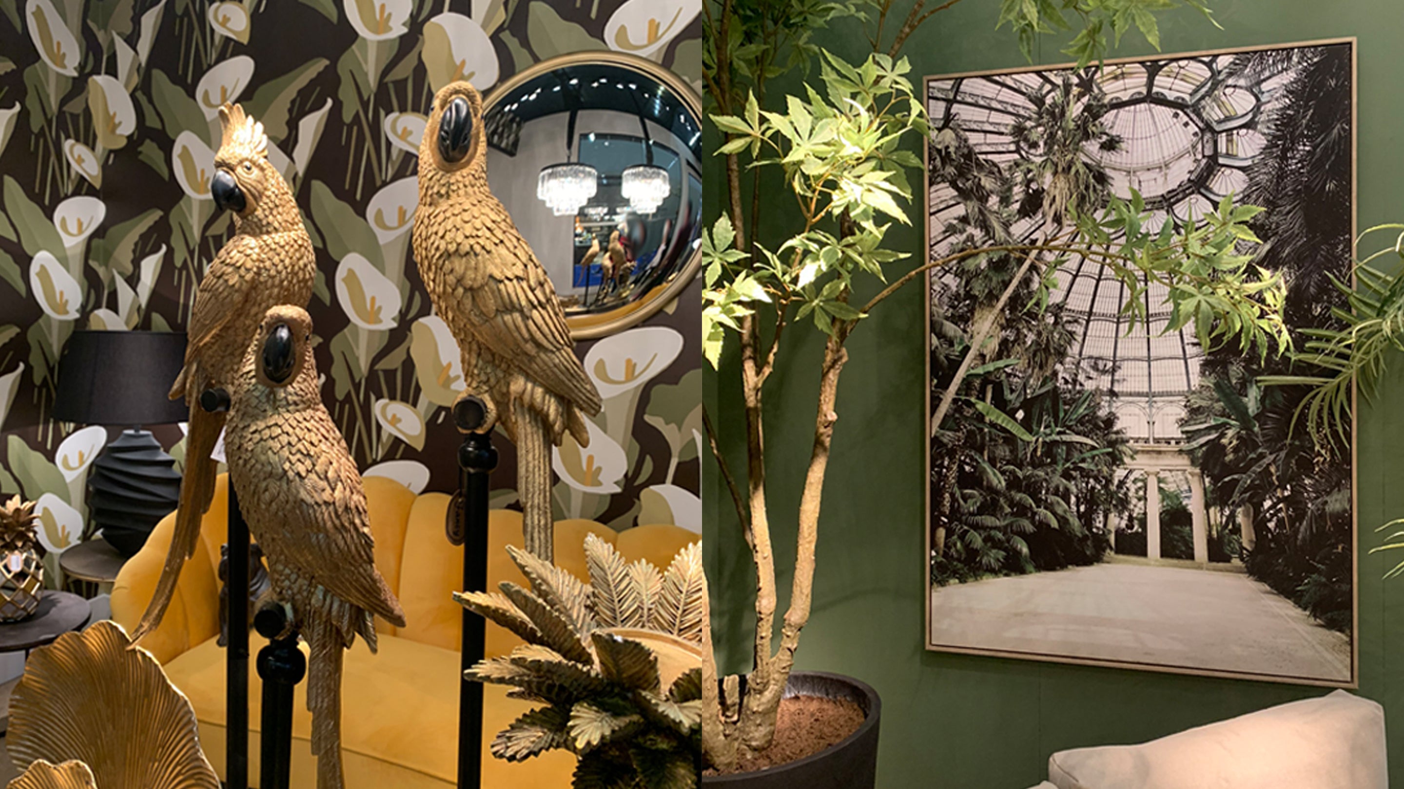 Botanical inspired home decor, botanical wall pictures, gold parrot ornaments, artificial plants