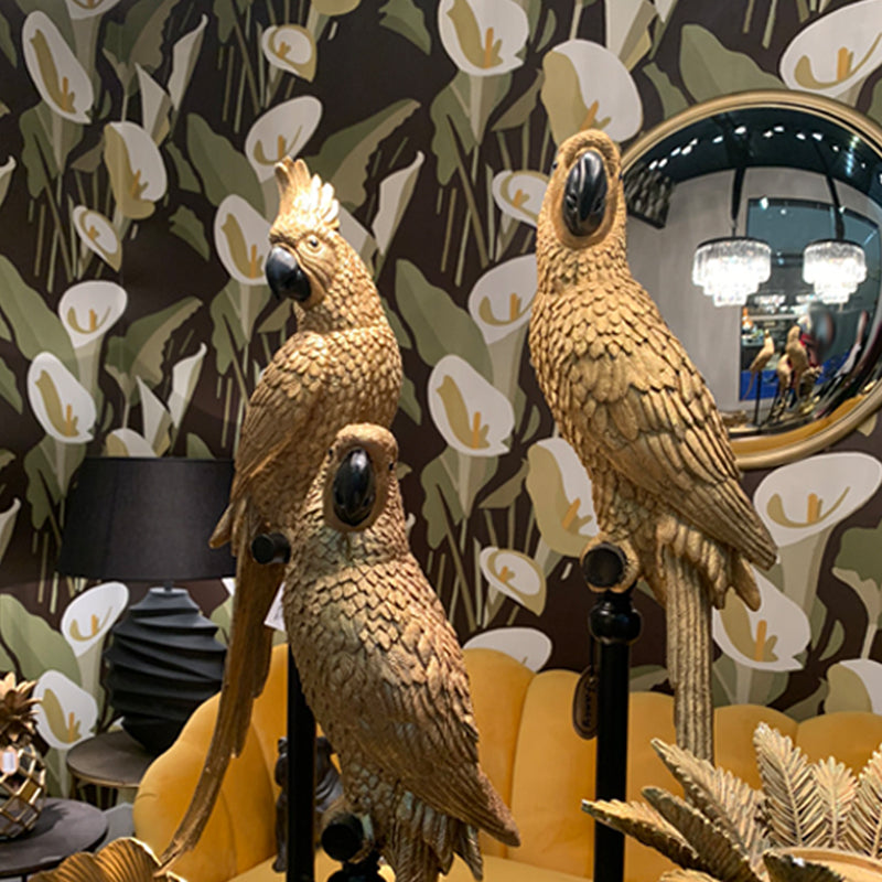 Botanical inspired home decor, botanical wall pictures, gold parrot ornaments, artificial plants