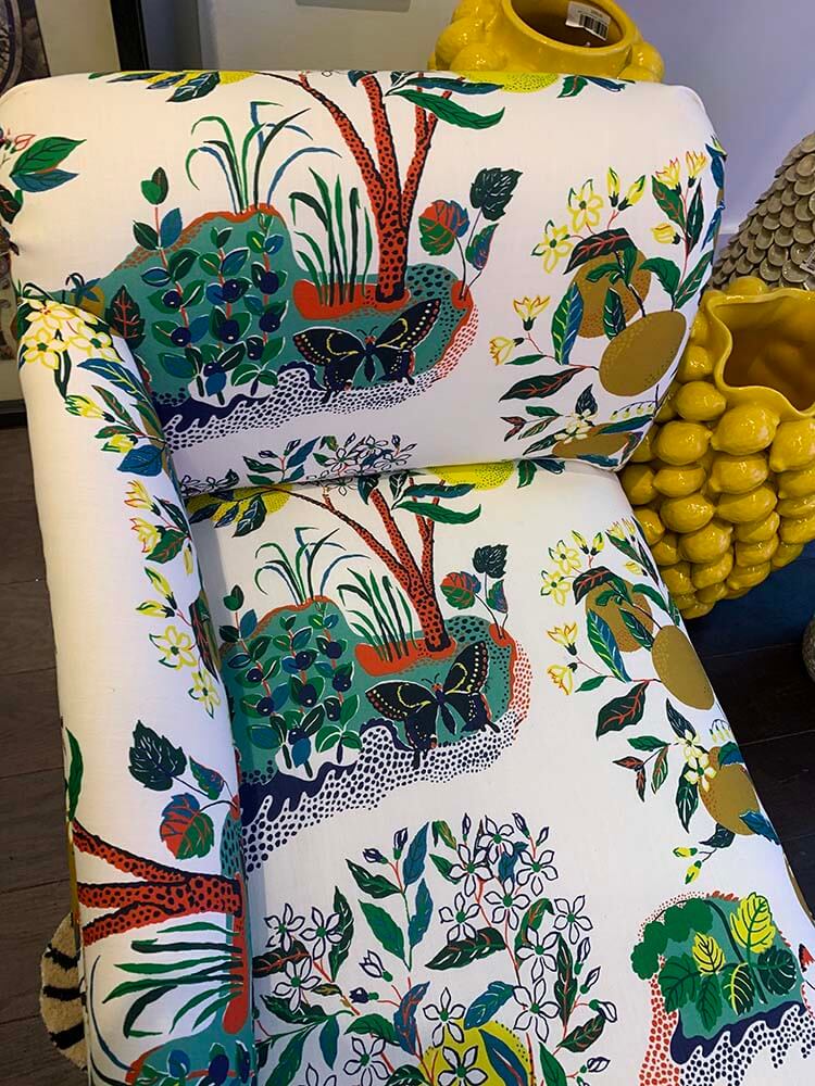 French Chase, Designer Chase,  bespoke French chaise longue, upholstered in the iconic Schumacher Citrus Garden Lemon fabric.