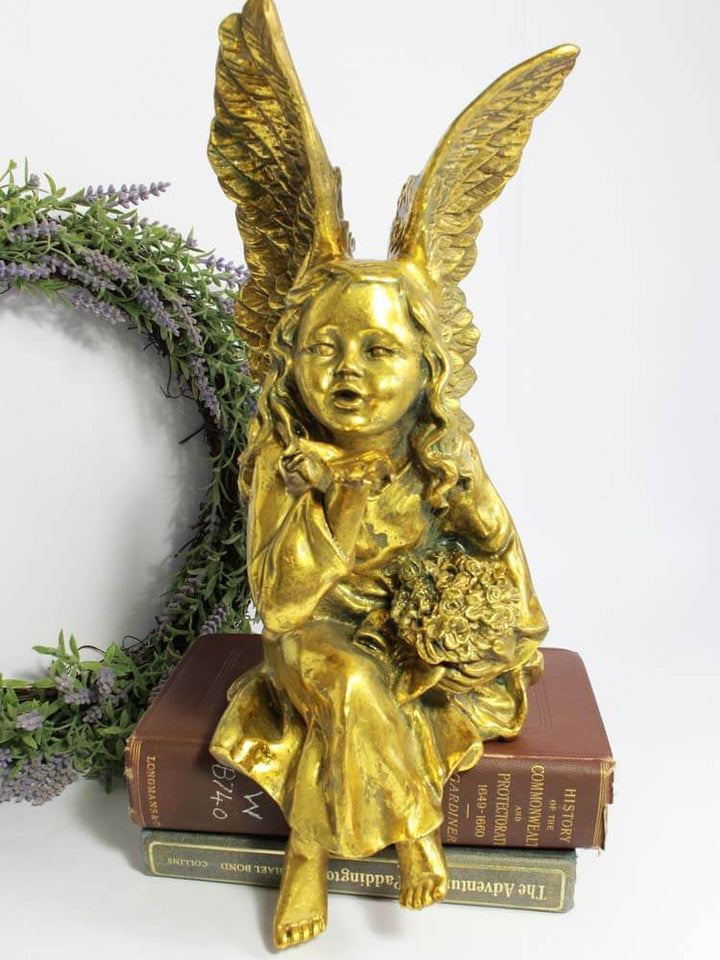gold angel statue, angel blowing kisses figurine