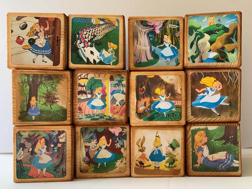 Alice Personalised wooden name blocks with name, Wooden blocks, Baby Shower Table centrepiece, Vintage classic story book theme decoration, Alice, Cheshire cat blocks, Queen of hearts, Alice Through the Looking Glass, Wooden building Blocks