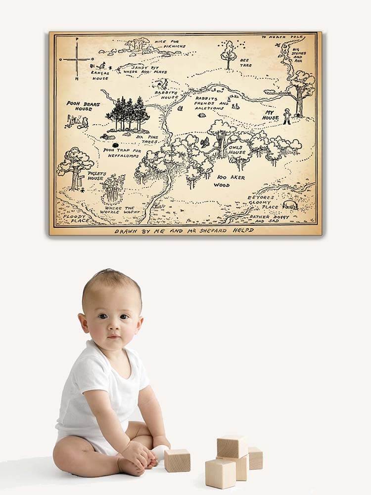 Hundred Acre Wood Map, Winnie the Pooh Canvas Wall Map in Black & White
