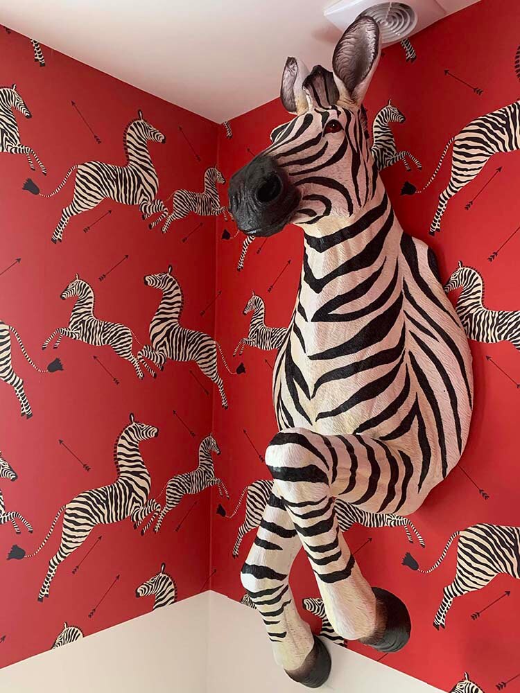 Life size zebra Wall mounting figure, black and white zebra, large zebra resin ,  Masai Red Zebra Safari Scalamandre  Wallpaper