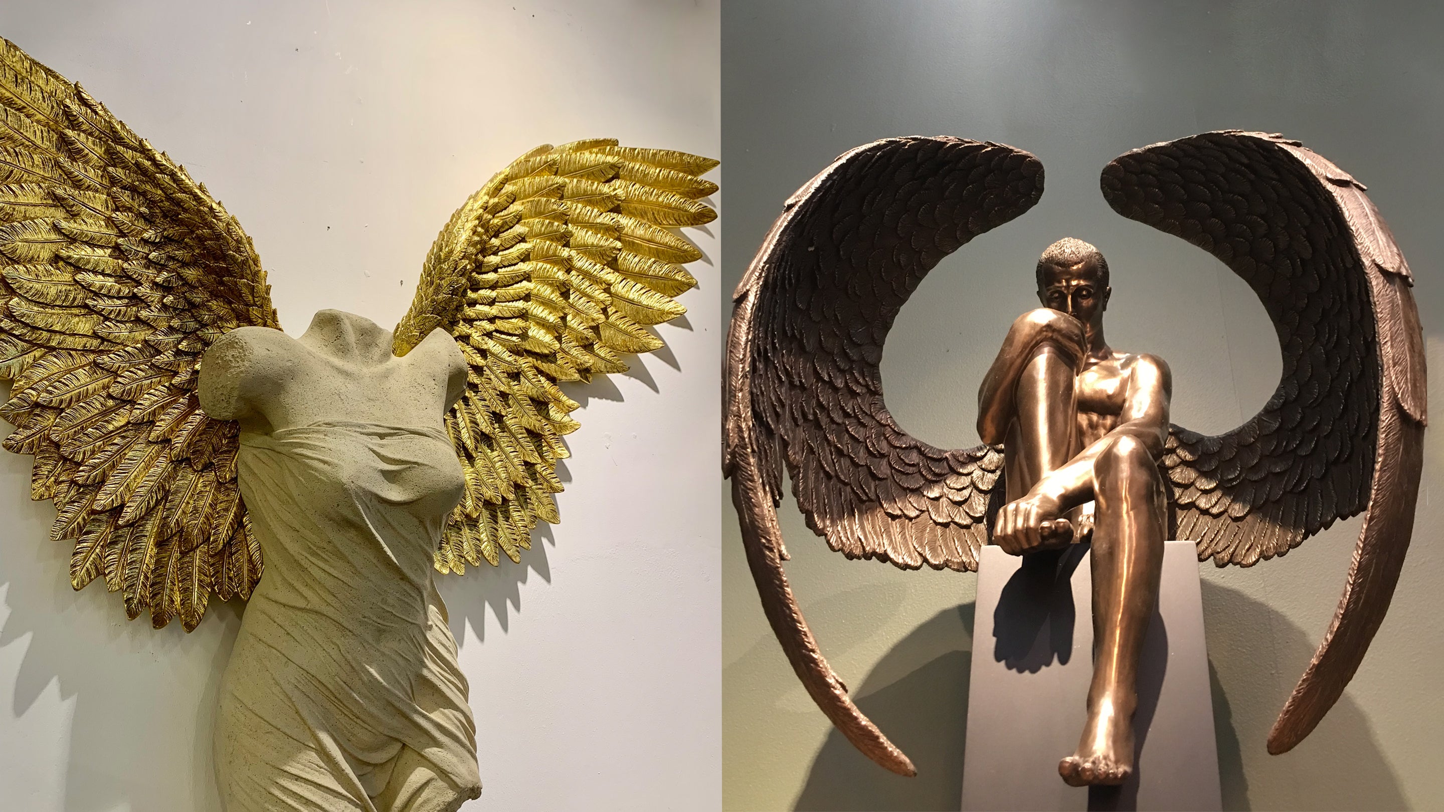 Angel Wing Man Bronze, Large wing angel lady, Male Nude Figure, Arms Outstretched Sculpture, Angel figures 