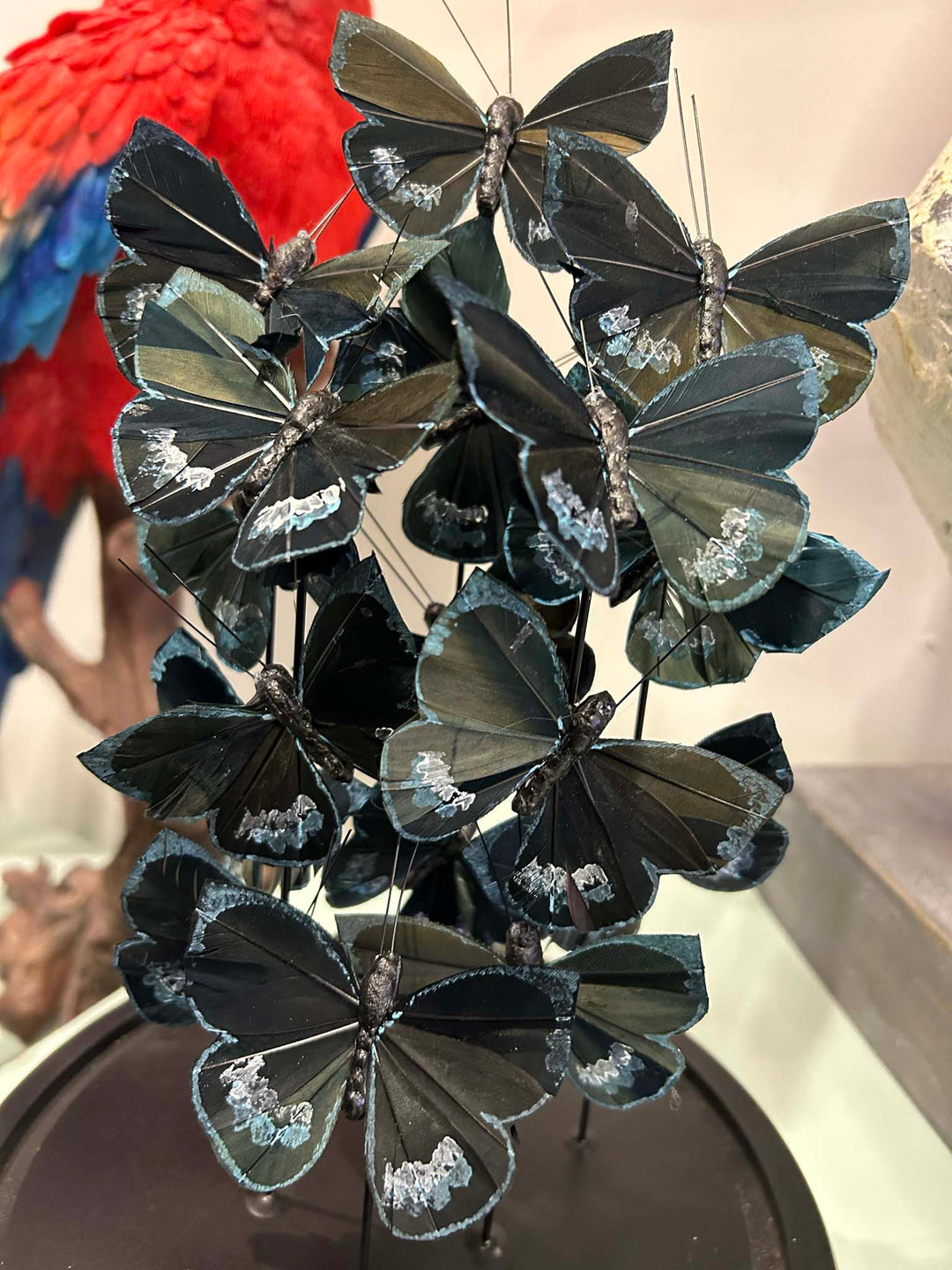 Stunning blue butterfly glass dome, Bright blue, black and touch of silver, artificial butterfly home decor, Butterfly dome