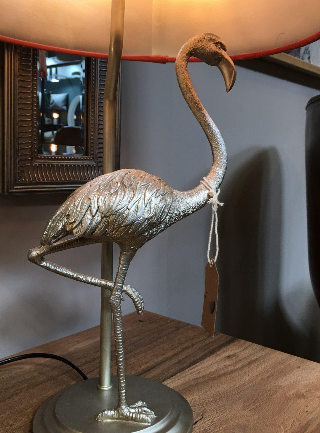Flamingo Table lamp – Antique Silver Flamingo Lamp  – Coral Velvet Shade  – Table Lamp
