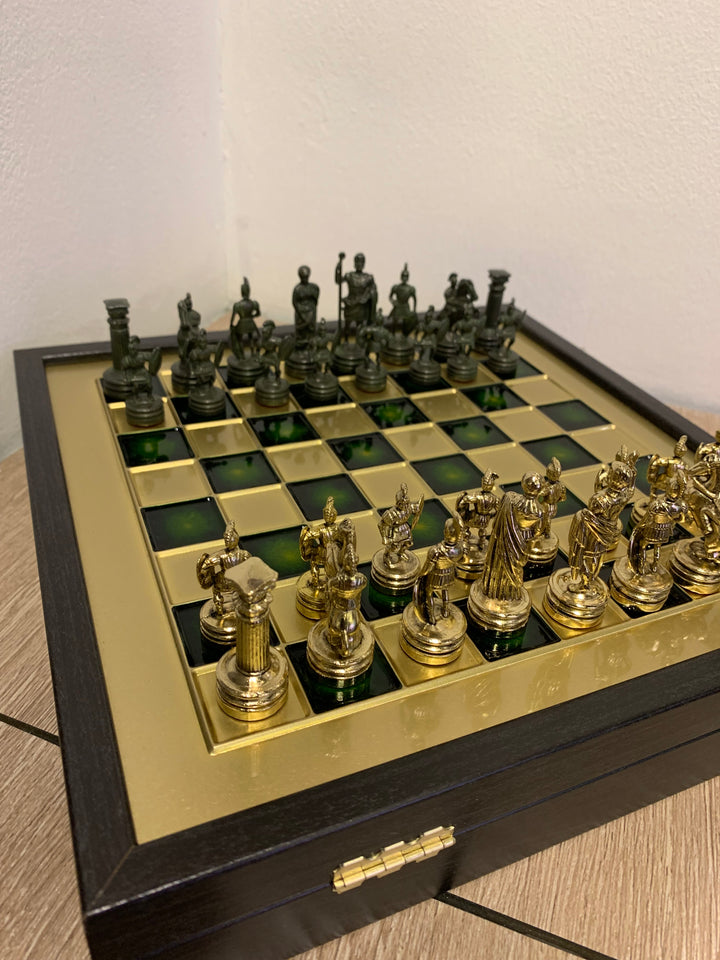 Greek Roman Period Metal Chess Set, Small Chess Set in Gold, Green and Brass, 30cm x 30cm
