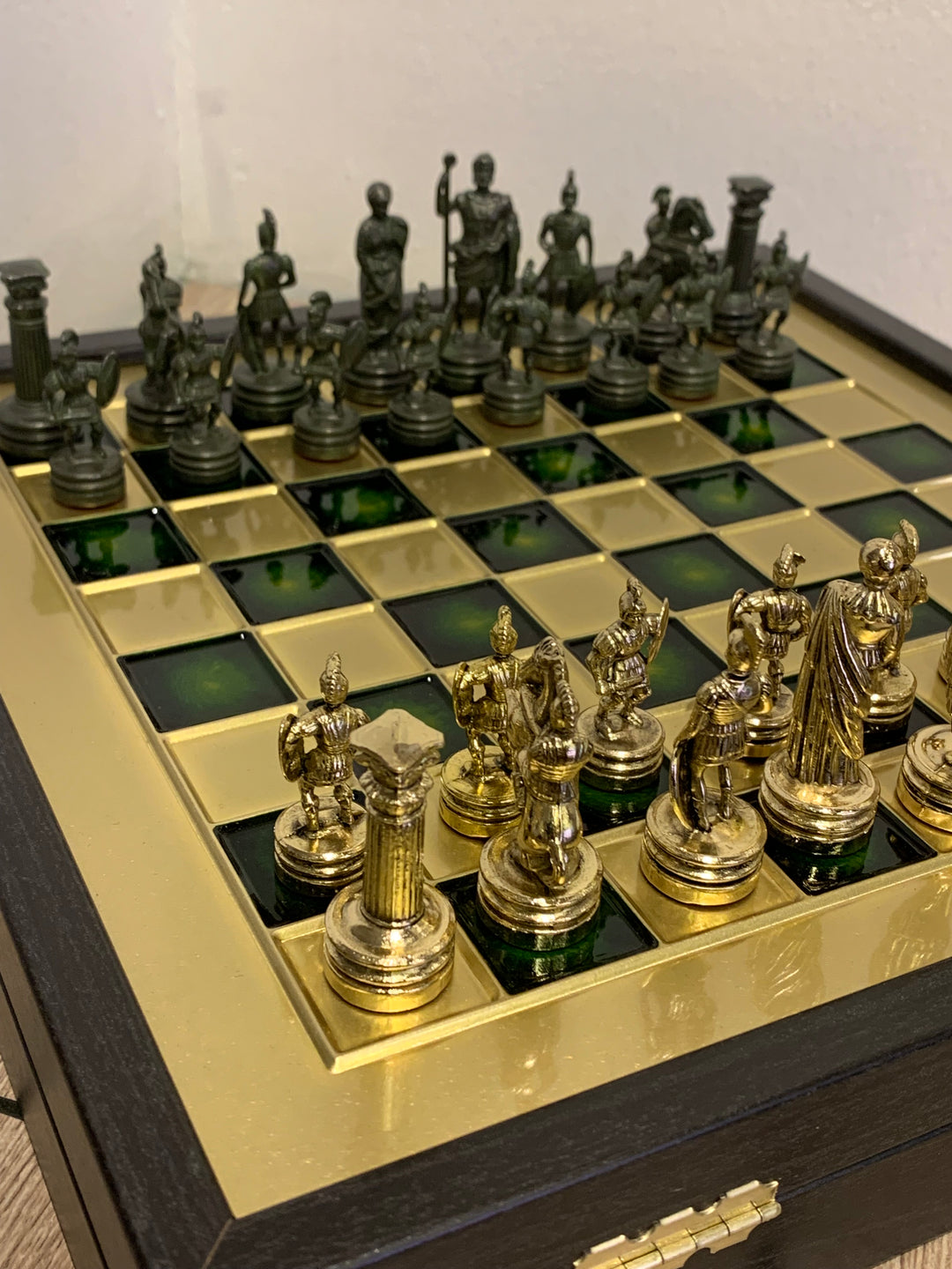 Beautifully handcrafted Greek Roman period chess set , Manopoulos Greek Roman Chess Set - Gold & Green Chessmen on Bronze Board 
