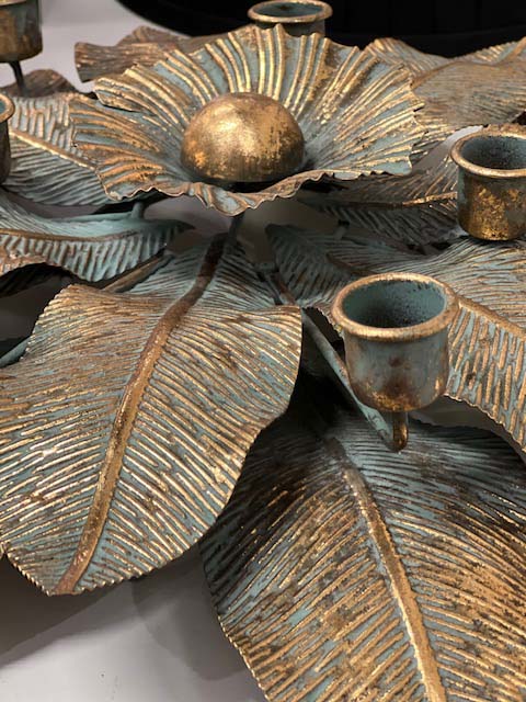 Candle Holder Iron, Antique Gold and Green Leave Candle Holder, 48cm