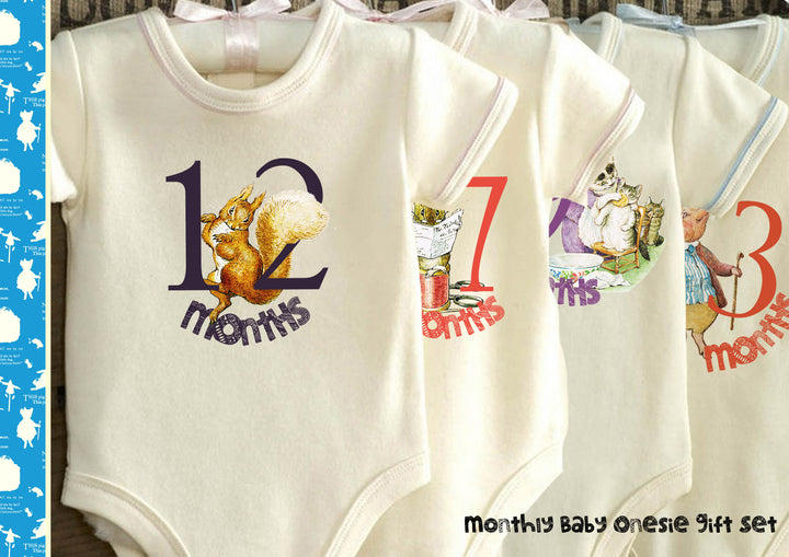 Baby Milestone Stickers, Peter Rabbit Monthly Baby Onesie Stickers – Beatrix Potter Round Shape Sticker Iron On Transfers