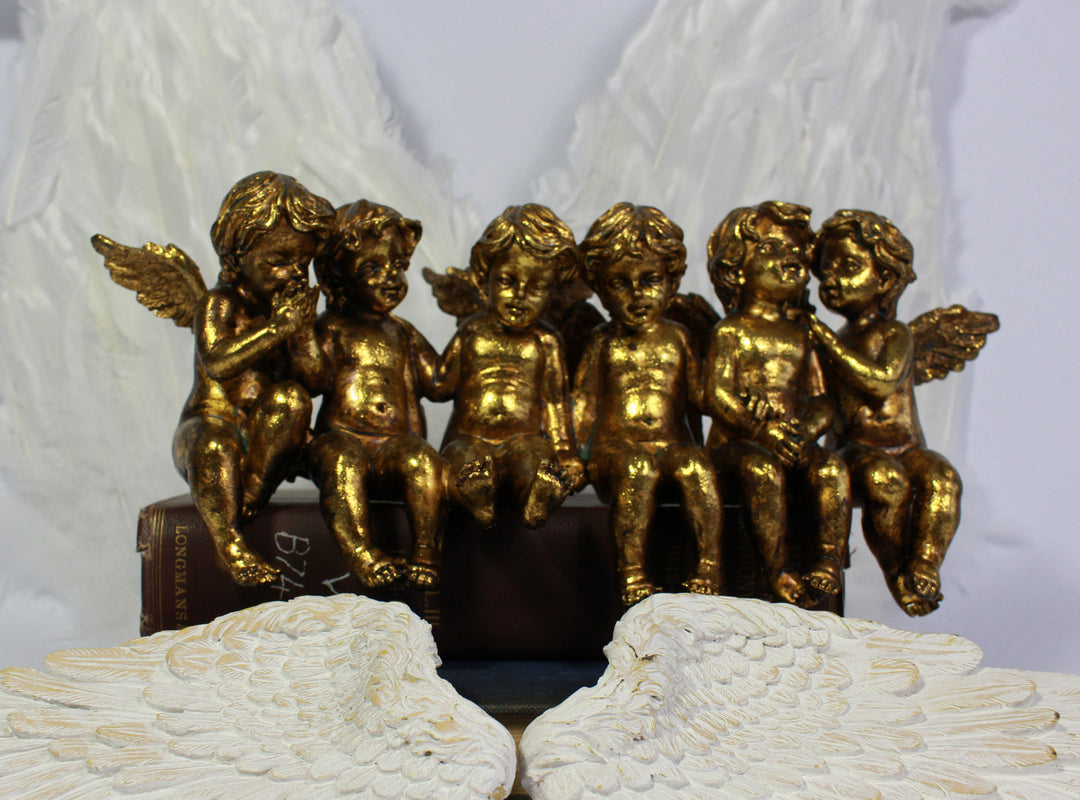 Large Antique Gold Sitting Row of Cherubs & Angels