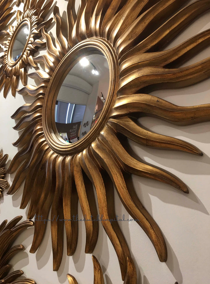 Sunburst Mirror Antique Gold  - Convex Glass French Baroque Style Sun Mirror