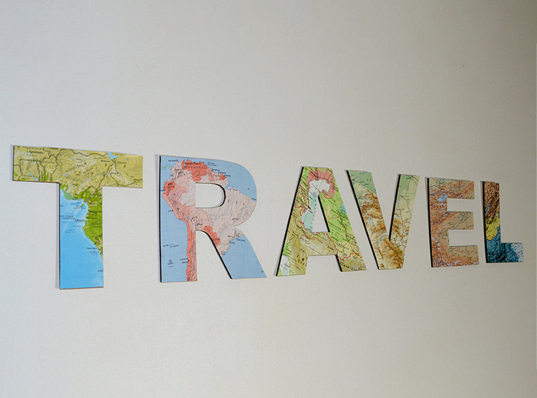 TRAVEL Wooden Sign - Map Découpage Wooden Letters - Vintage Atlas Map Decor