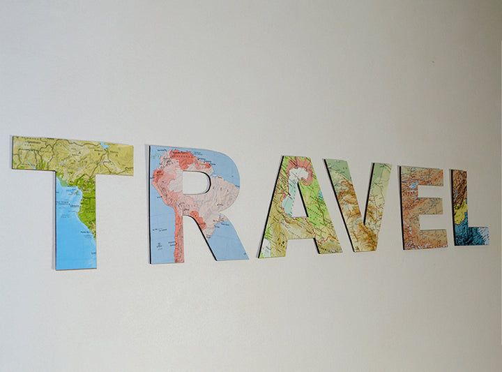 TRAVEL Wooden Sign - Map Découpage Wooden Letters - Vintage Atlas Map Decor