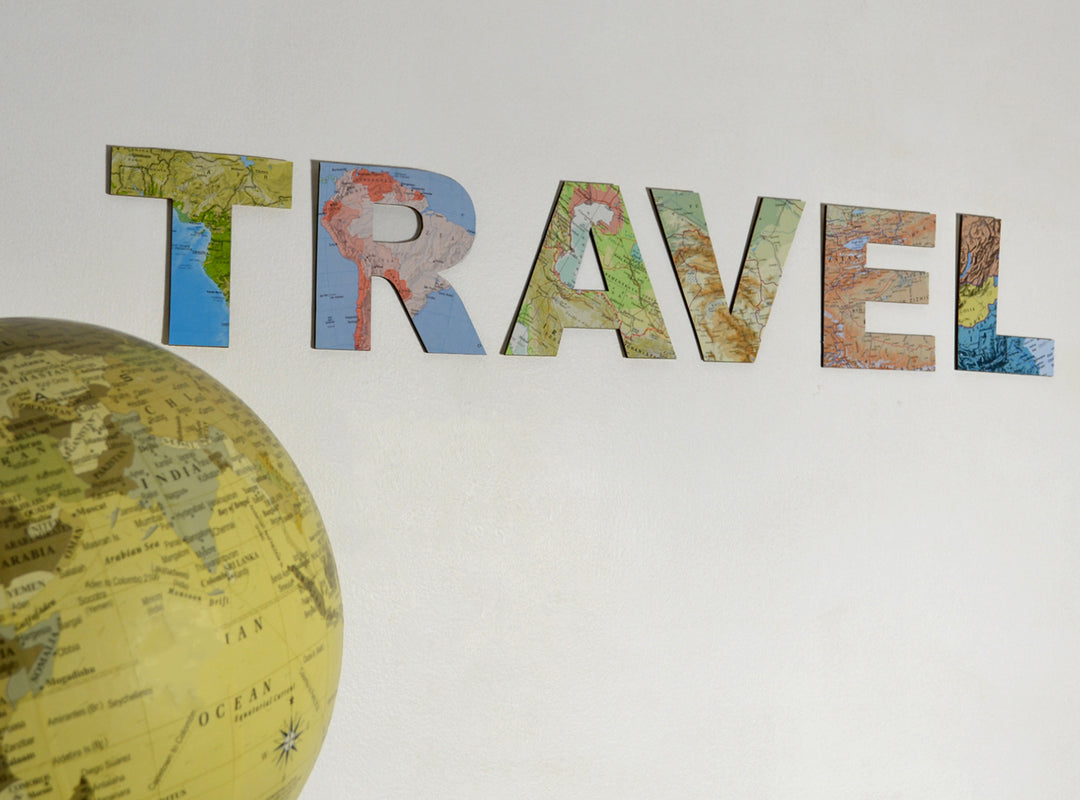 TRAVEL Wooden Sign - Map Découpage Wooden Letters - Vintage Atlas Map Decor