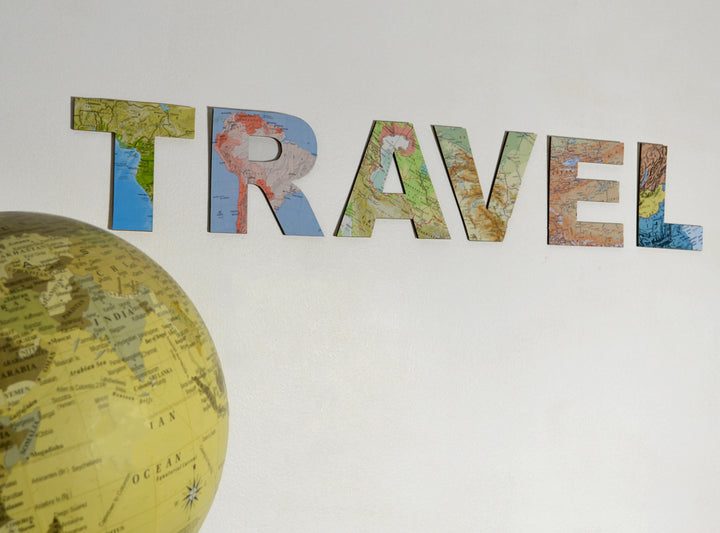 TRAVEL Wooden Sign - Map Découpage Wooden Letters - Vintage Atlas Map Decor