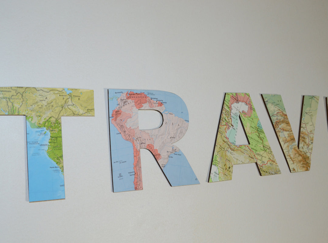 TRAVEL Wooden Sign - Map Découpage Wooden Letters - Vintage Atlas Map Decor