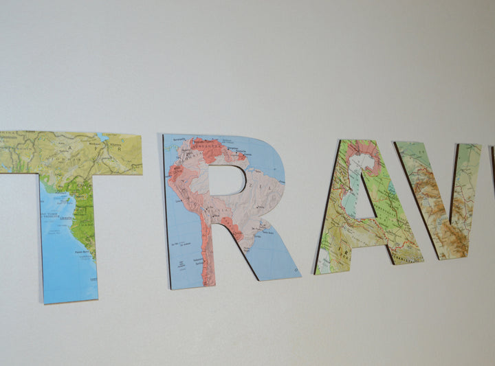 TRAVEL Wooden Sign - Map Découpage Wooden Letters - Vintage Atlas Map Decor