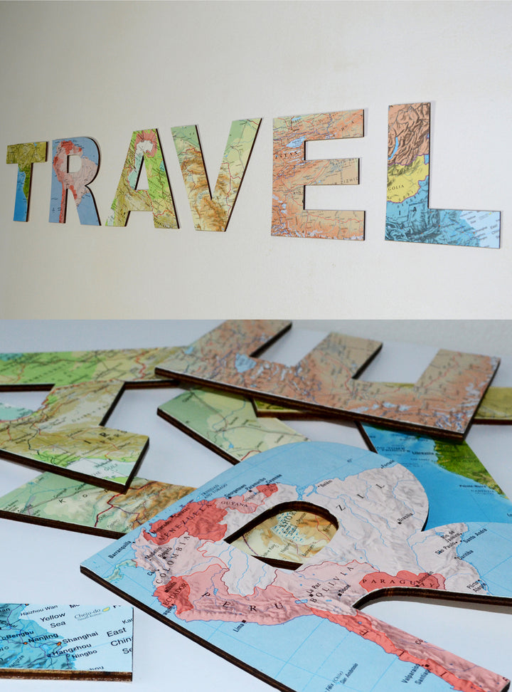TRAVEL Wooden Sign - Map Découpage Wooden Letters - Vintage Atlas Map Decor