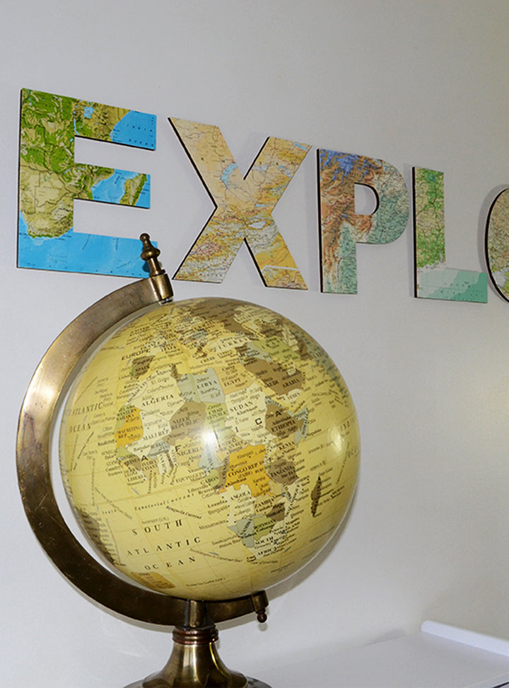 EXPLORE Map Letters – Travel Theme Wedding Signs – Map Atlas Topped Wooden Letters