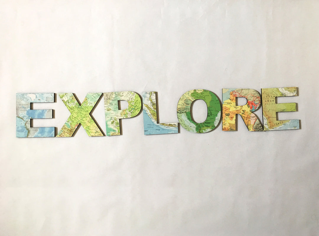 EXPLORE Map Letters – Travel Theme Wedding Signs – Map Atlas Topped Wooden Letters