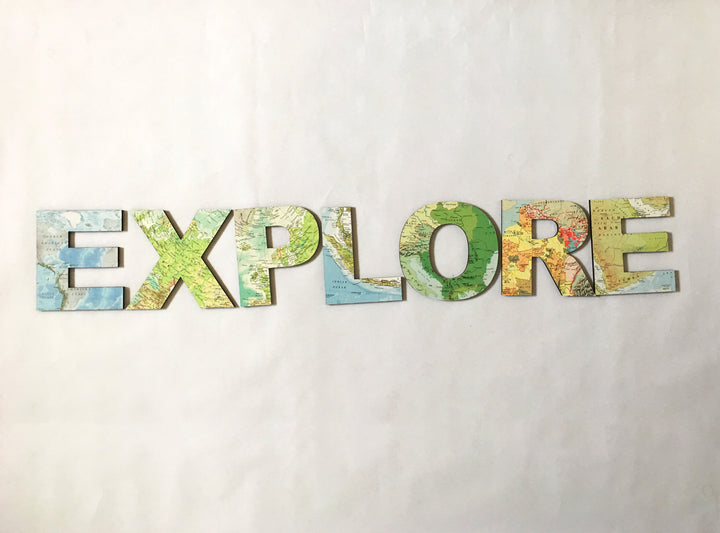 EXPLORE Map Letters – Travel Theme Wedding Signs – Map Atlas Topped Wooden Letters
