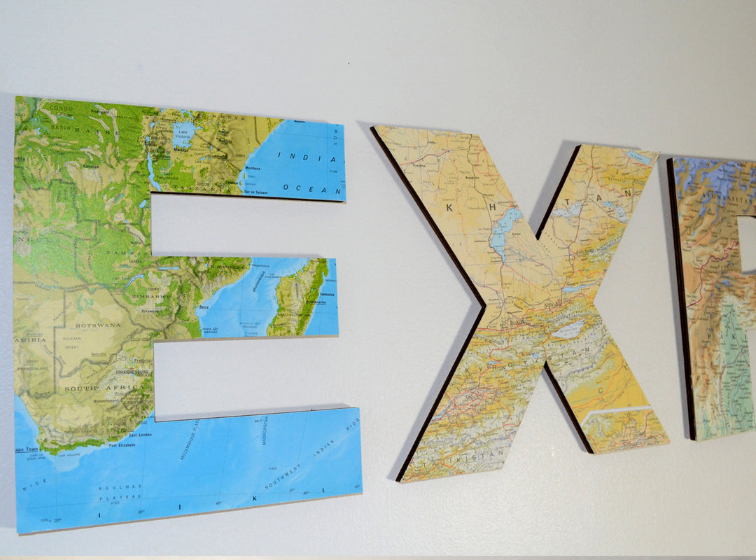EXPLORE Map Letters – Travel Theme Wedding Signs – Map Atlas Topped Wooden Letters