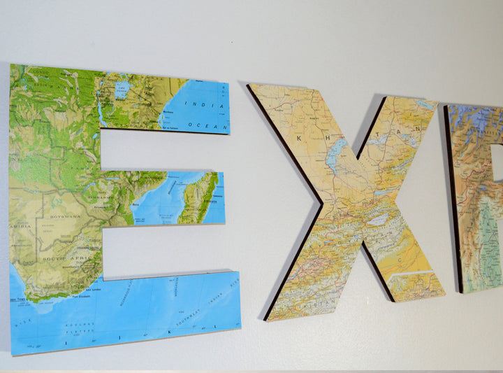 EXPLORE Map Letters – Travel Theme Wedding Signs – Map Atlas Topped Wooden Letters