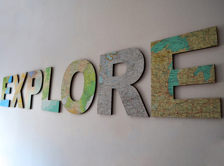 EXPLORE Map Letters – Travel Theme Wedding Signs – Map Atlas Topped Wooden Letters
