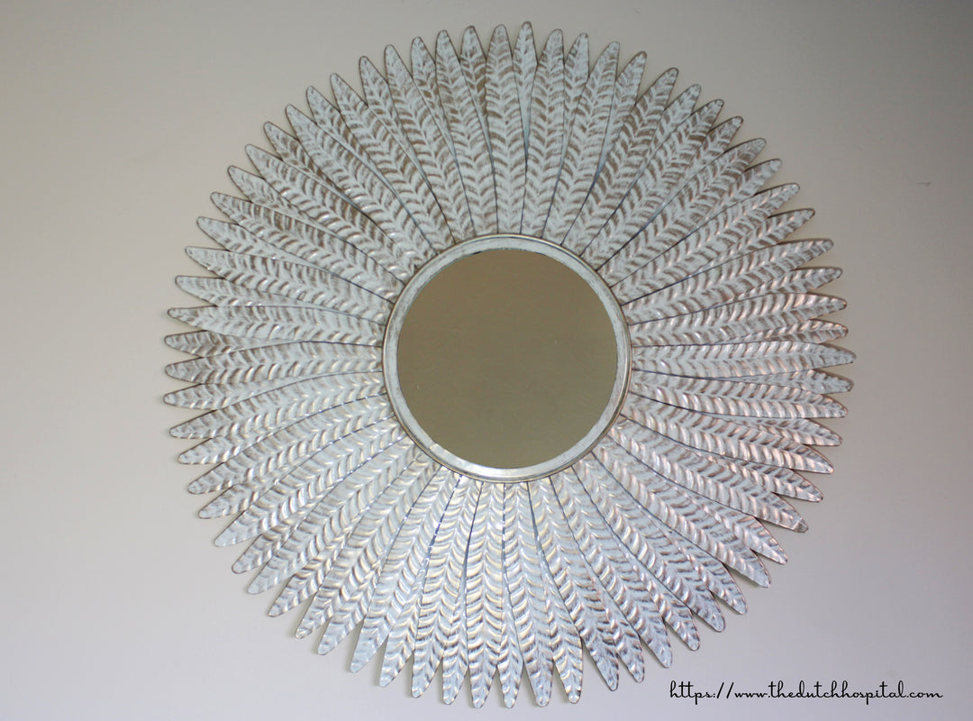 Feathered Effect White Metal Mirror – Large Leaf Mirror –  Metal Wall Mirror